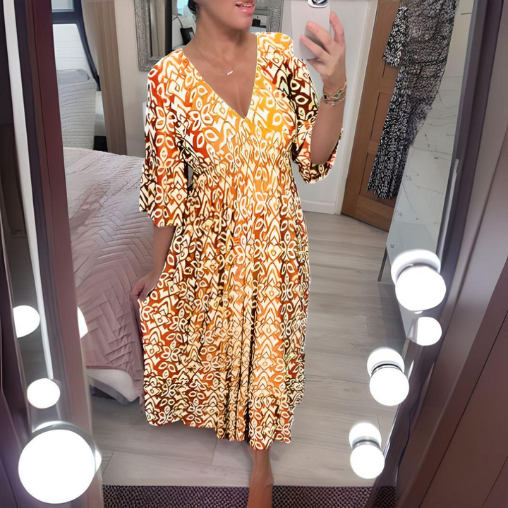 Ikat Print Smocked Waist V Neck Boho Midi Dress