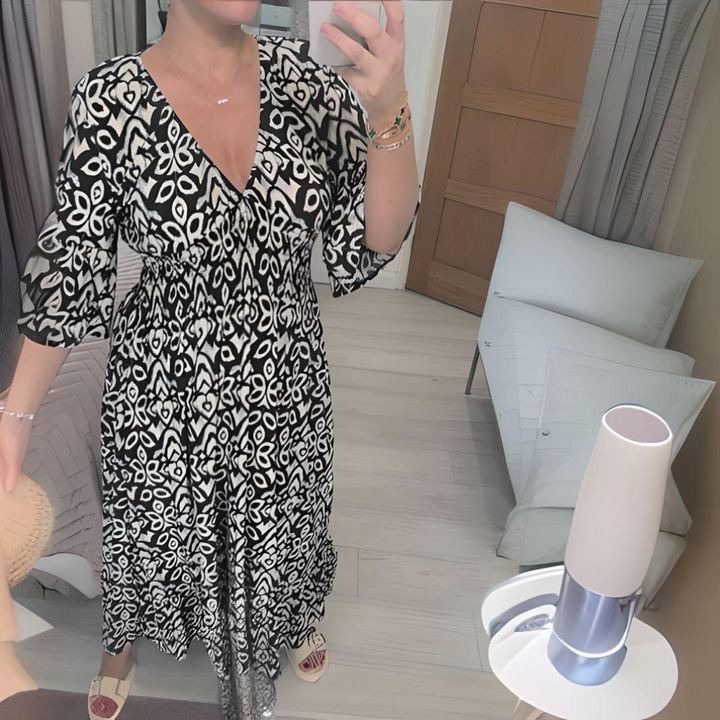 Ikat Print Smocked Waist V Neck Boho Midi Dress