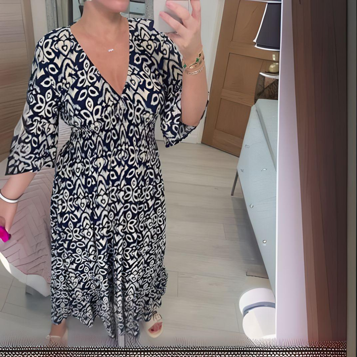 Ikat Print Smocked Waist V Neck Boho Midi Dress