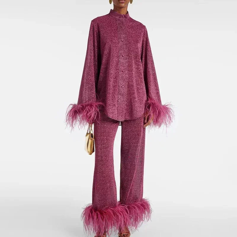 Fatima - Women's sparkly outfit with feather sleeves and stockings
