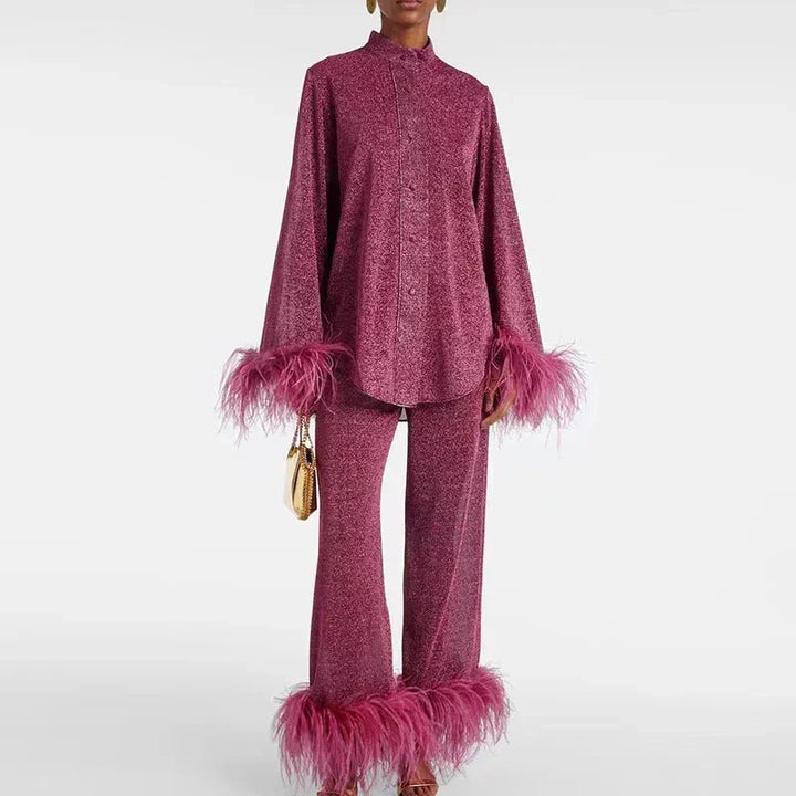 Fatima - Women's sparkly outfit with feather sleeves and stockings