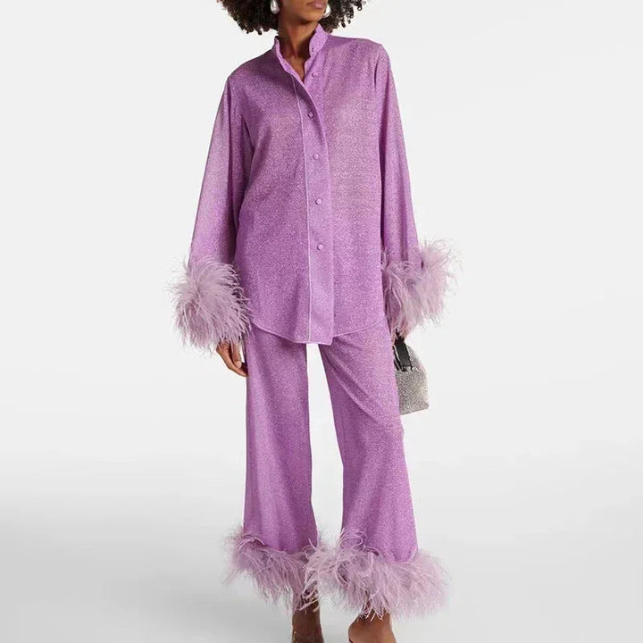 Fatima - Women's sparkly outfit with feather sleeves and stockings