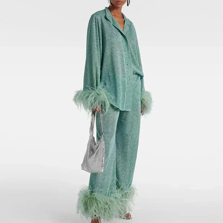 Fatima - Women's sparkly outfit with feather sleeves and stockings