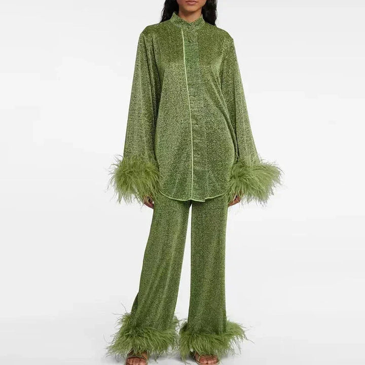 Fatima - Women's sparkly outfit with feather sleeves and stockings