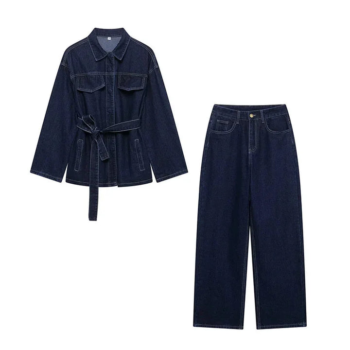 Valentina - Women's denim jacket and pants set with belt