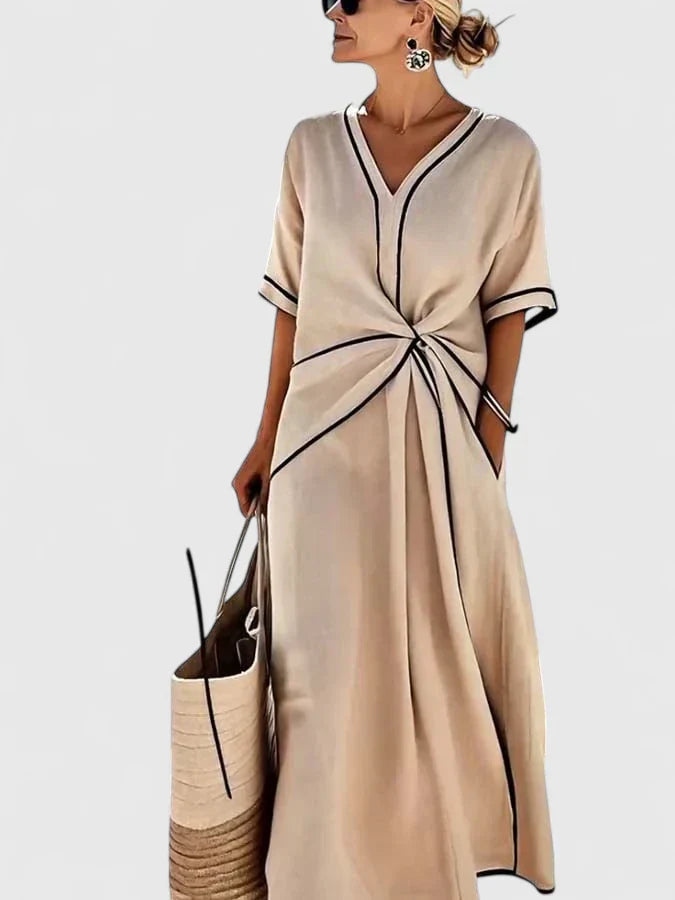 Contrast Trim Twist Front Linen Maxi Dress