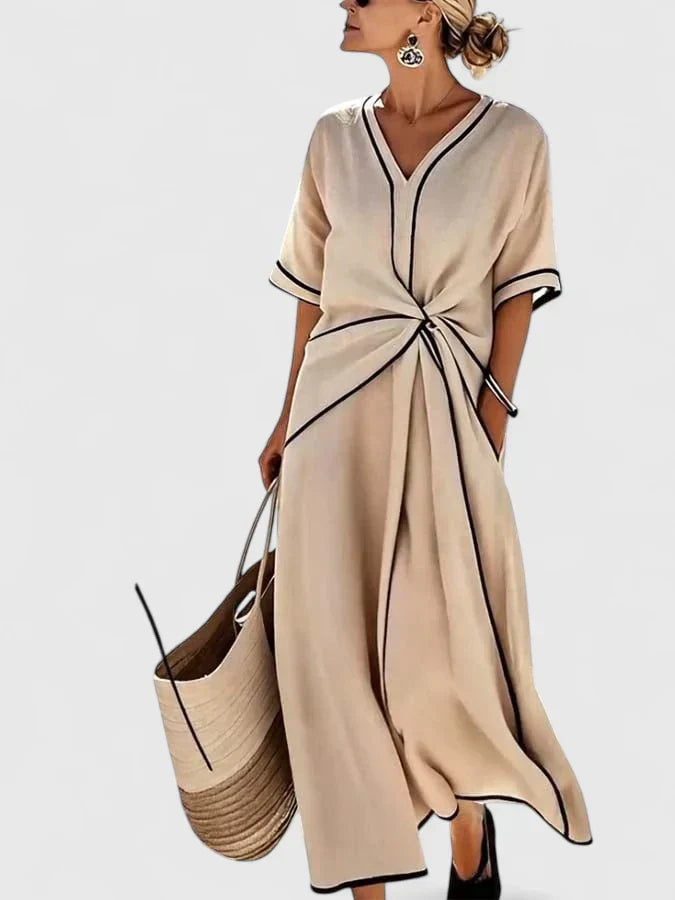 Contrast Trim Twist Front Linen Maxi Dress