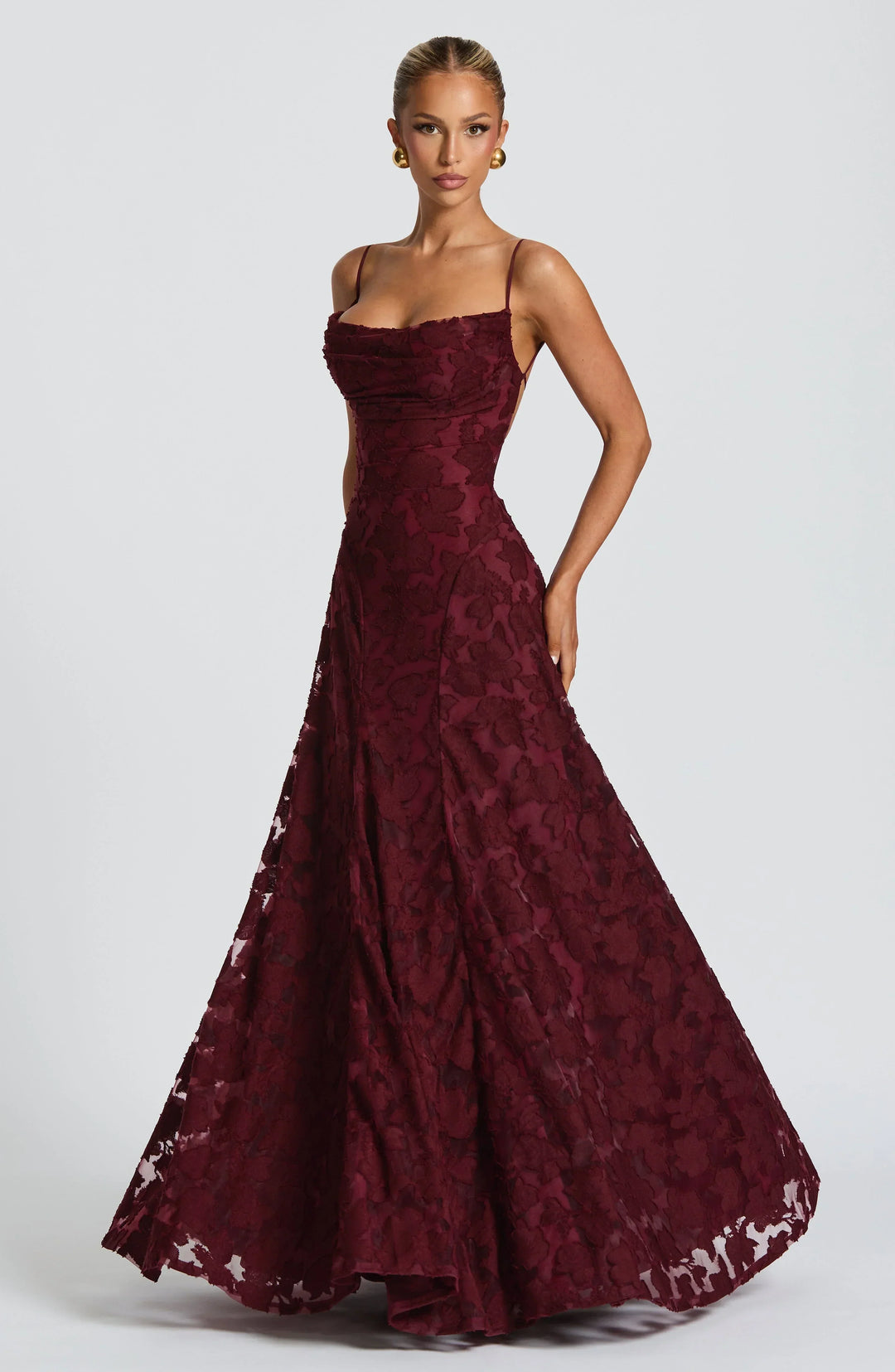 Floral Jacquard Strappy A Line Maxi Dress - Formal Evening Gown