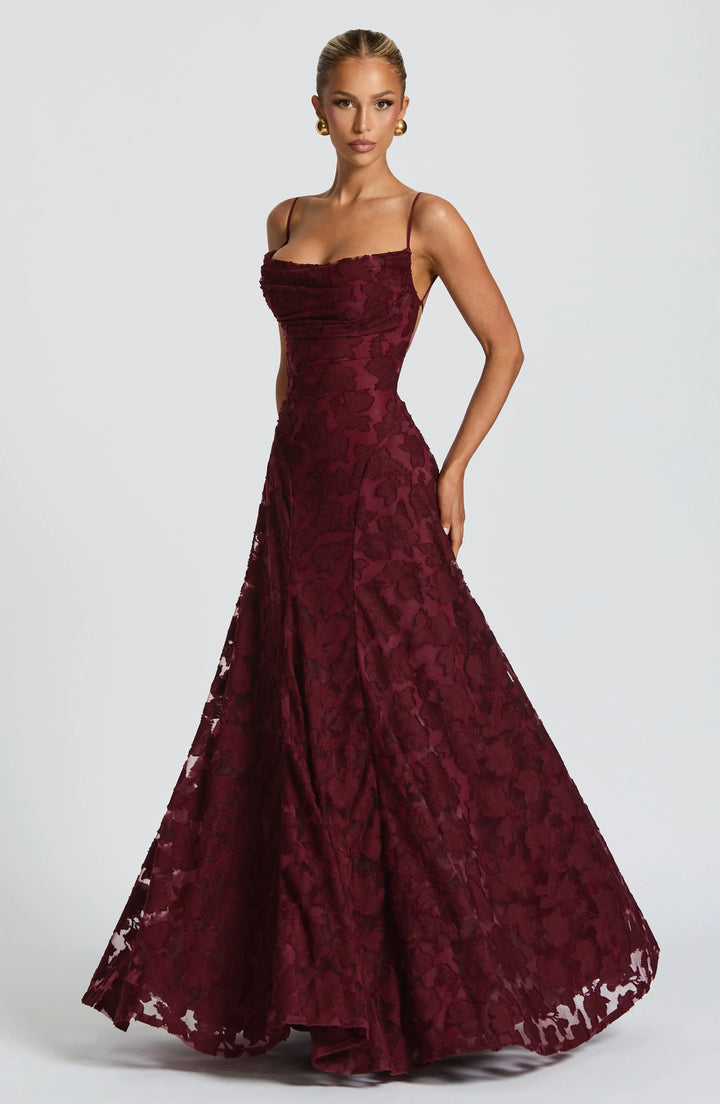 Floral Jacquard Strappy A Line Maxi Dress - Formal Evening Gown