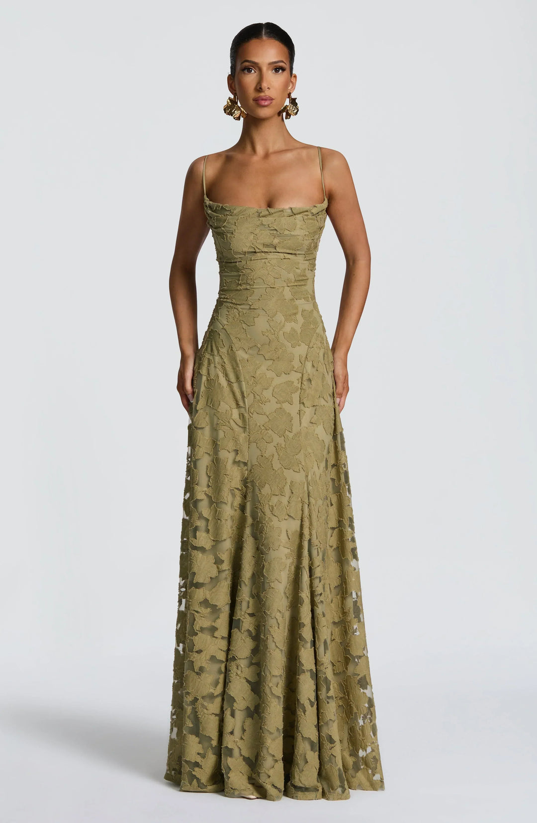 Floral Jacquard Strappy A Line Maxi Dress - Formal Evening Gown