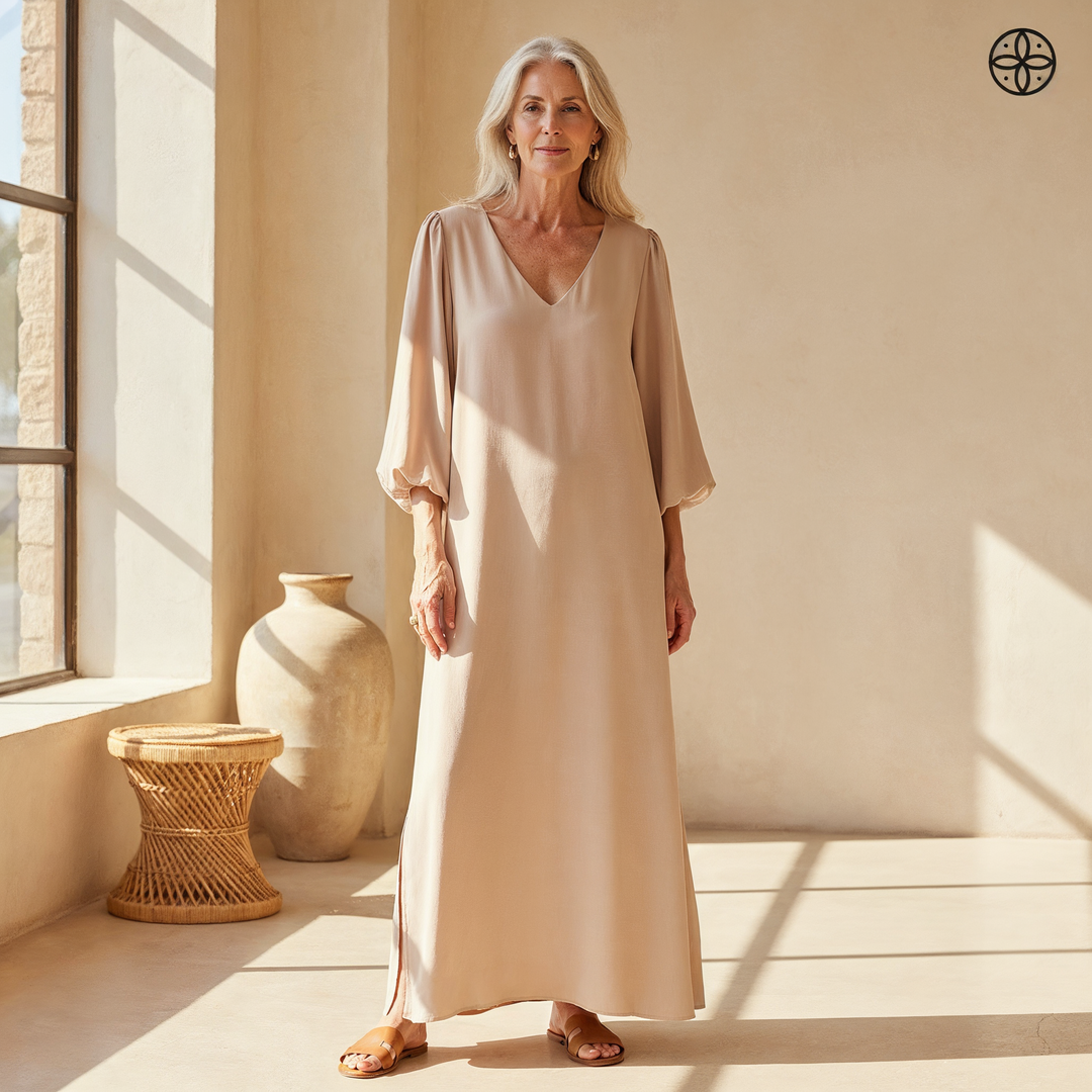 Balloon Sleeve V Neck Pocket Flowy Casual Maxi Dress
