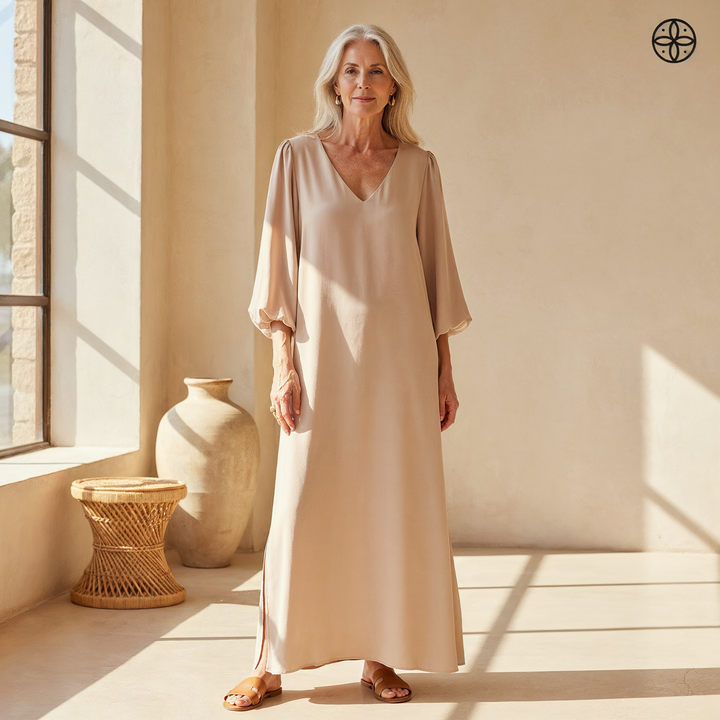 Balloon Sleeve V Neck Pocket Flowy Casual Maxi Dress