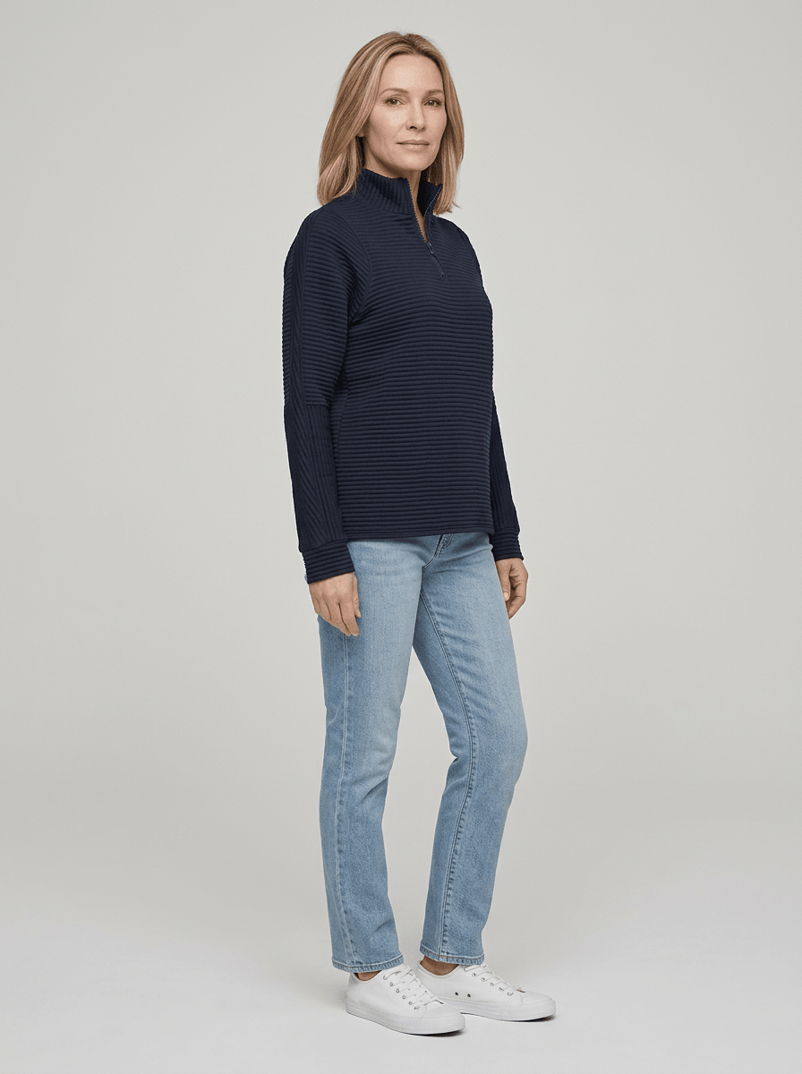 Women’s Ribbed Half-Zip Sweater – V-Neck Relaxed Fit Pullover
