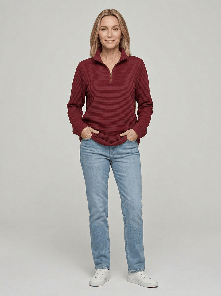 Women’s Ribbed Half-Zip Sweater – V-Neck Relaxed Fit Pullover