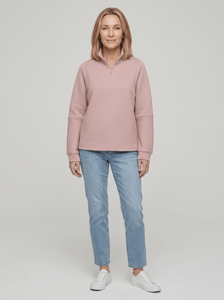 Women’s Ribbed Half-Zip Sweater – V-Neck Relaxed Fit Pullover