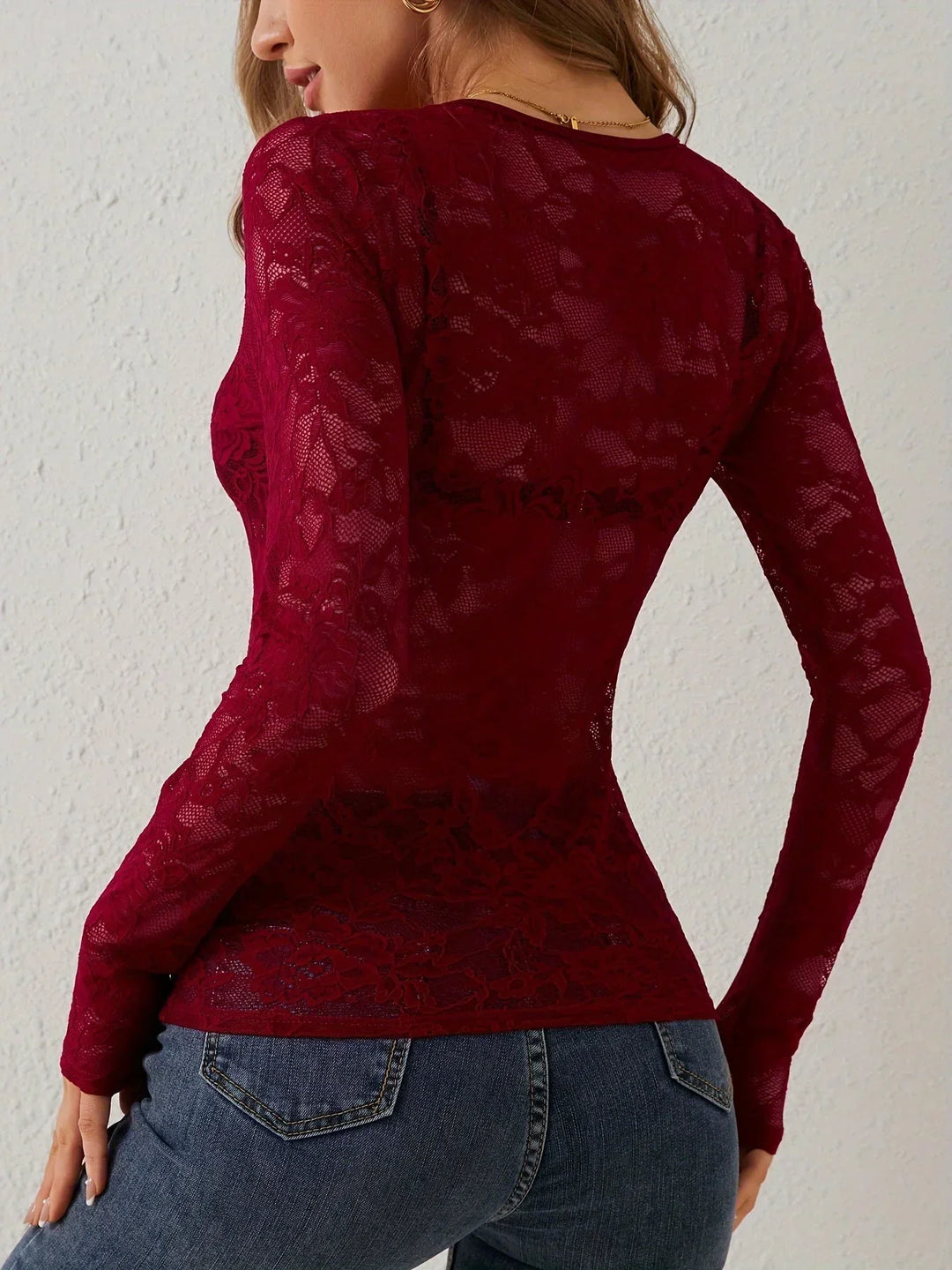 Chloe - Elegant long-sleeved V-neck lace top for women