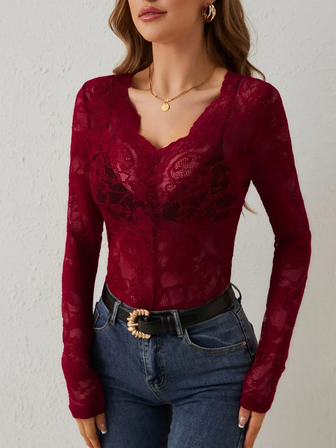 Chloe - Elegant long-sleeved V-neck lace top for women