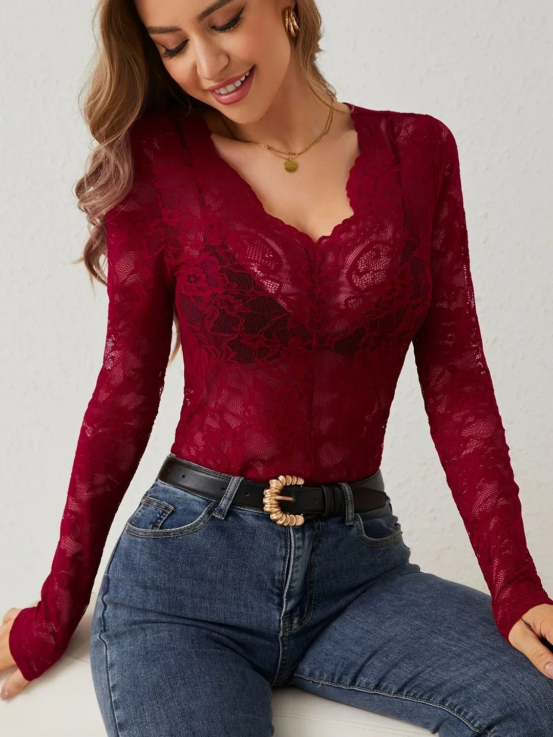 Chloe - Elegant long-sleeved V-neck lace top for women