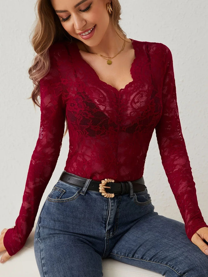 Chloe - Elegant long-sleeved V-neck lace top for women