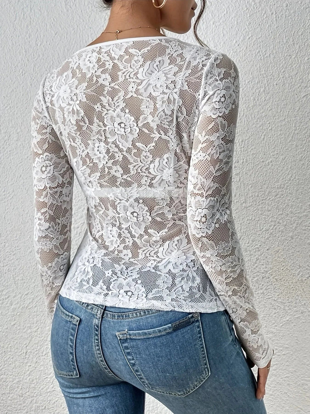 Chloe - Elegant long-sleeved V-neck lace top for women