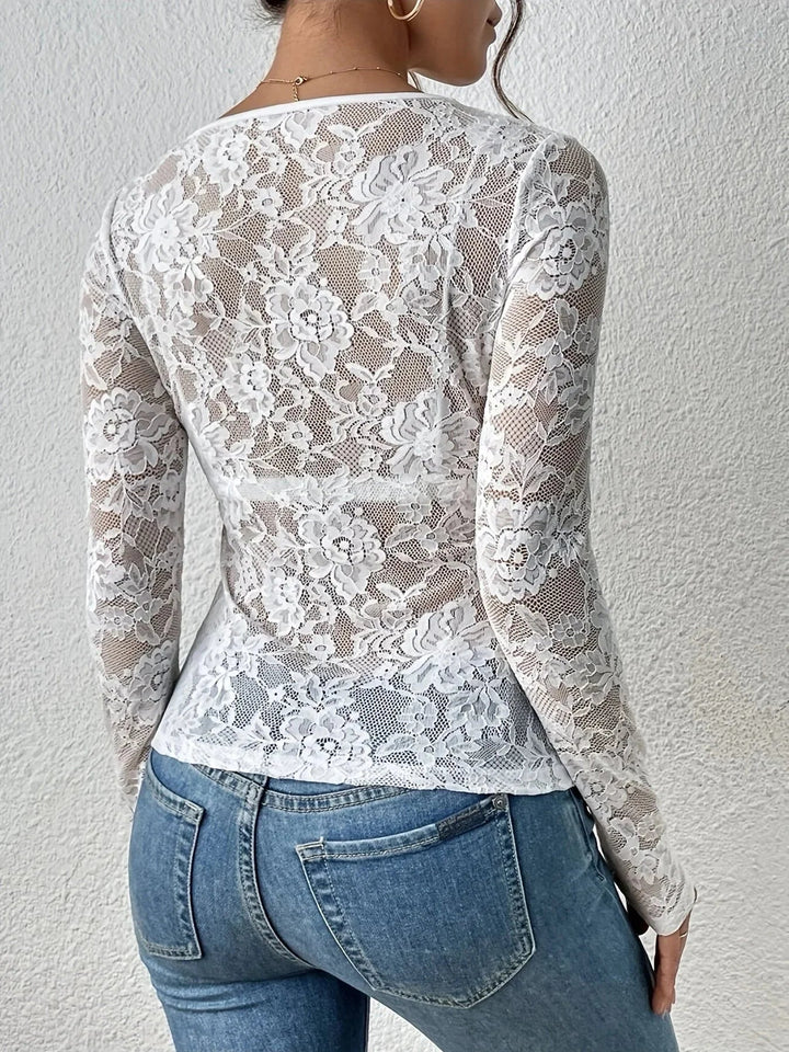 Chloe - Elegant long-sleeved V-neck lace top for women