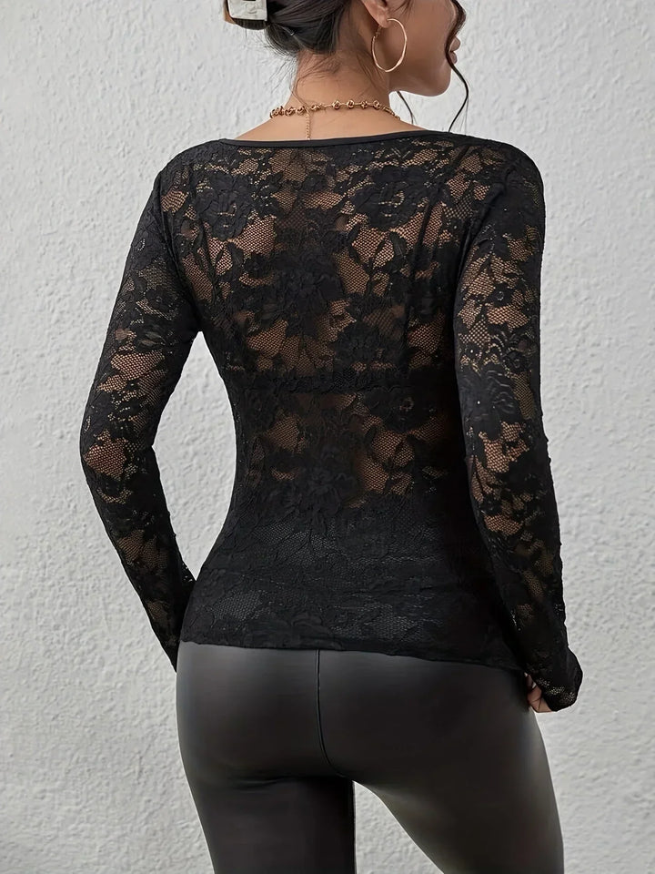 Chloe - Elegant long-sleeved V-neck lace top for women