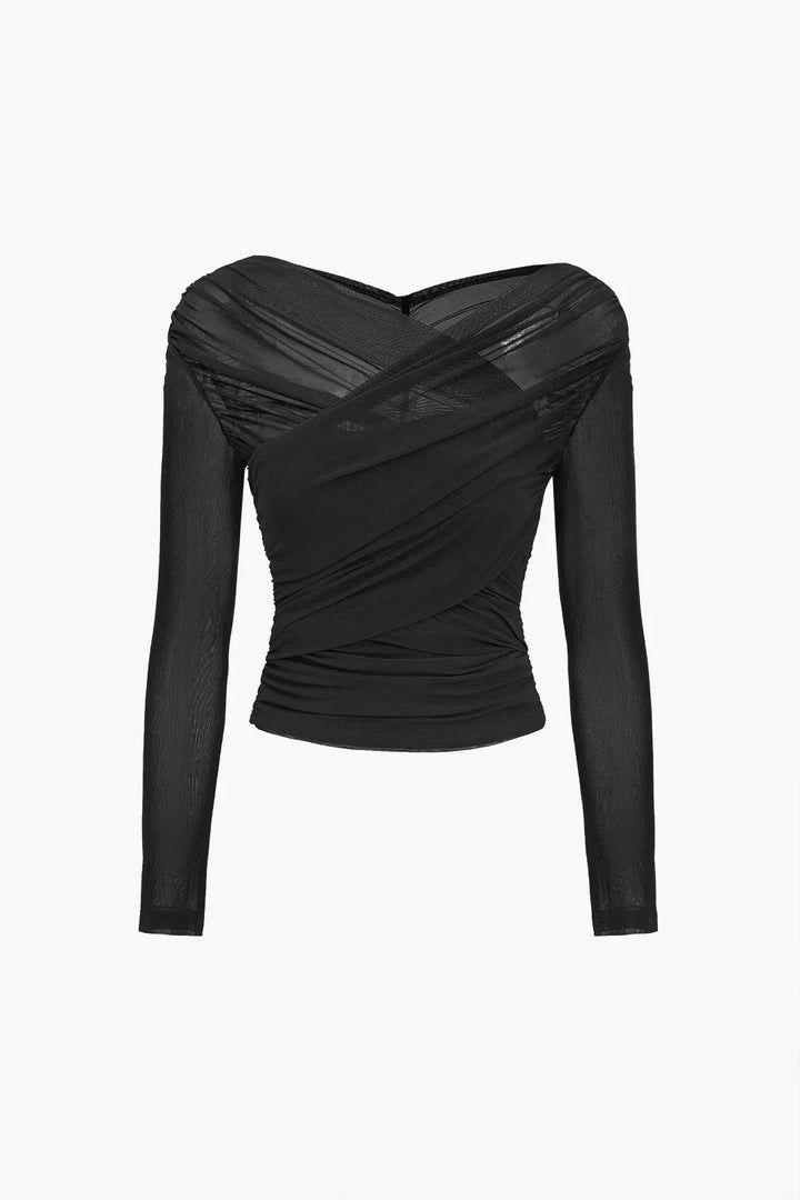 Yvette - Women's long-sleeved top with sheer pleated effect