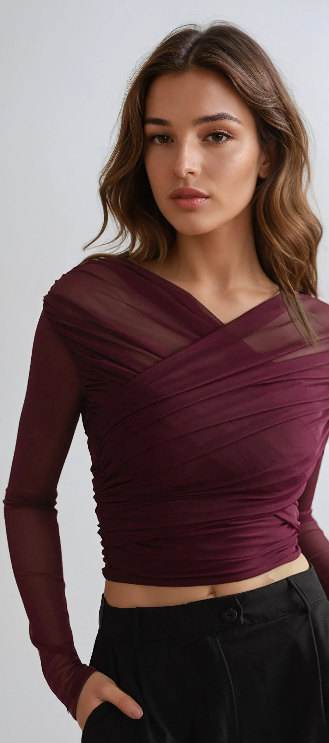 Yvette - Women's long-sleeved top with sheer pleated effect