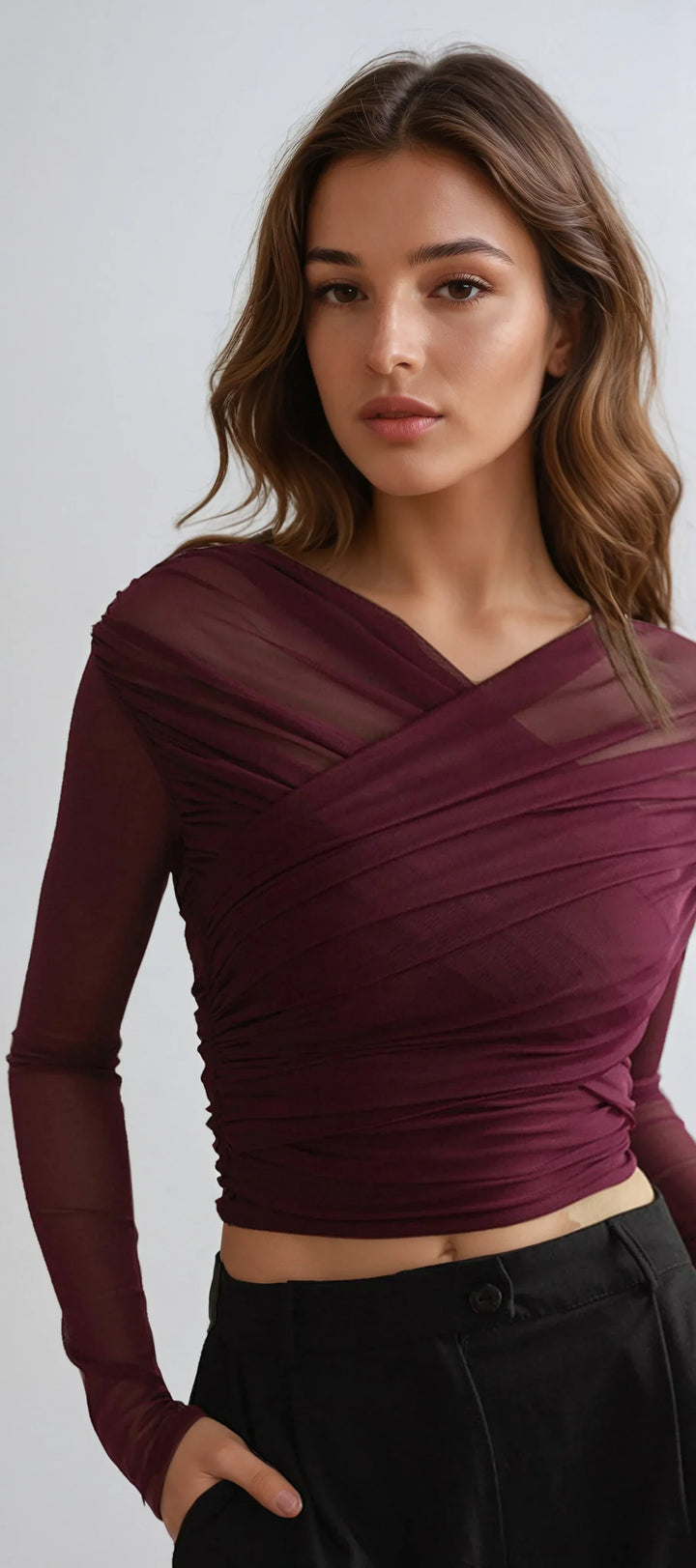 Yvette - Women's long-sleeved top with sheer pleated effect