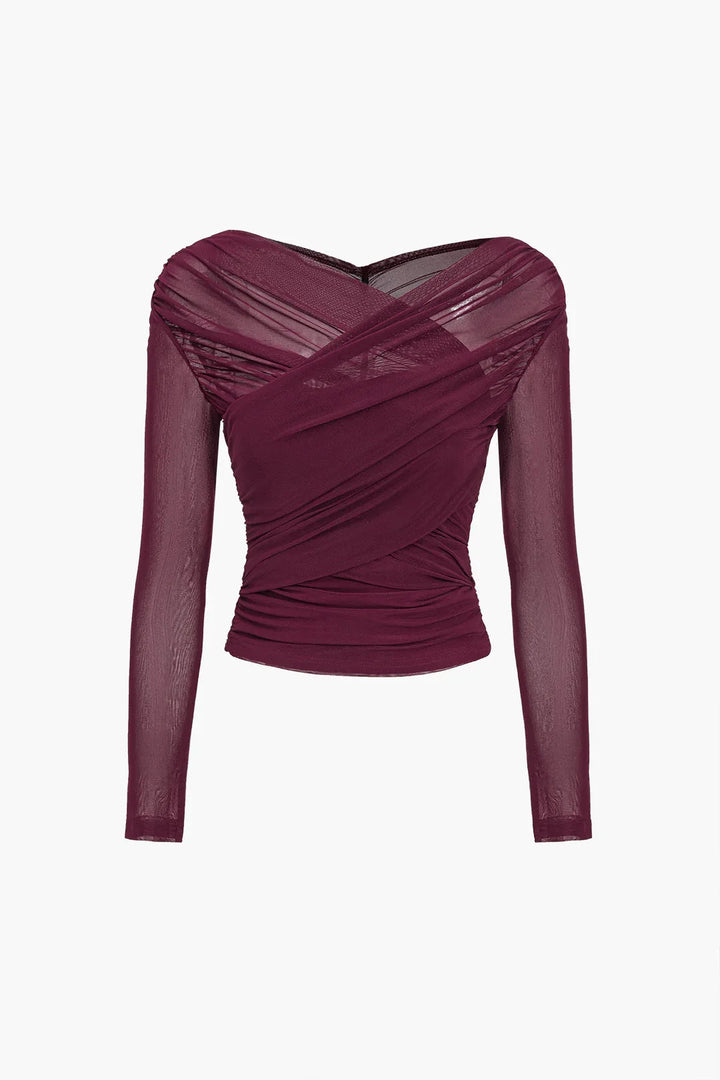 Yvette - Women's long-sleeved top with sheer pleated effect