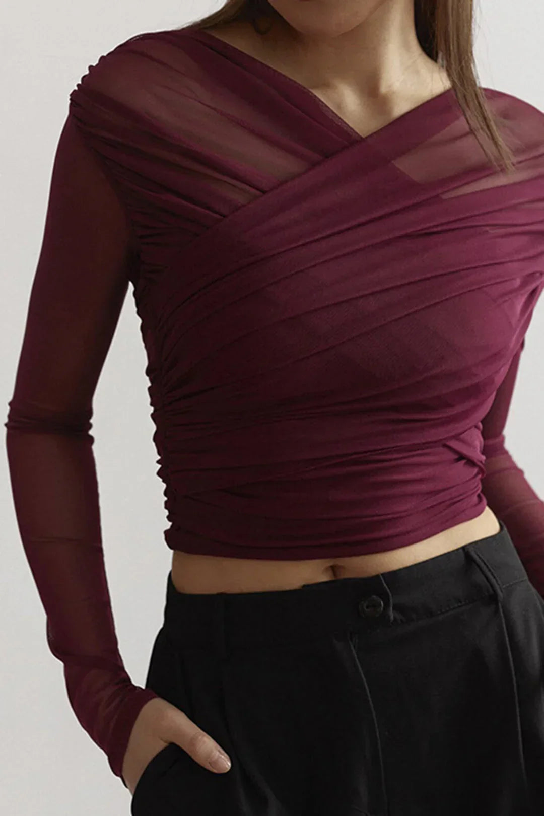 Yvette - Women's long-sleeved top with sheer pleated effect