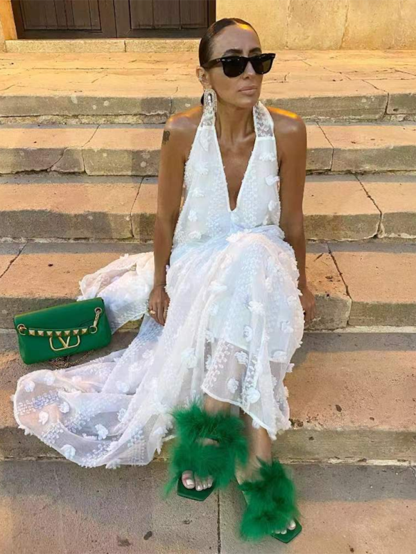 Aria - Three-Dimensional Floral Halter Maxi Dress