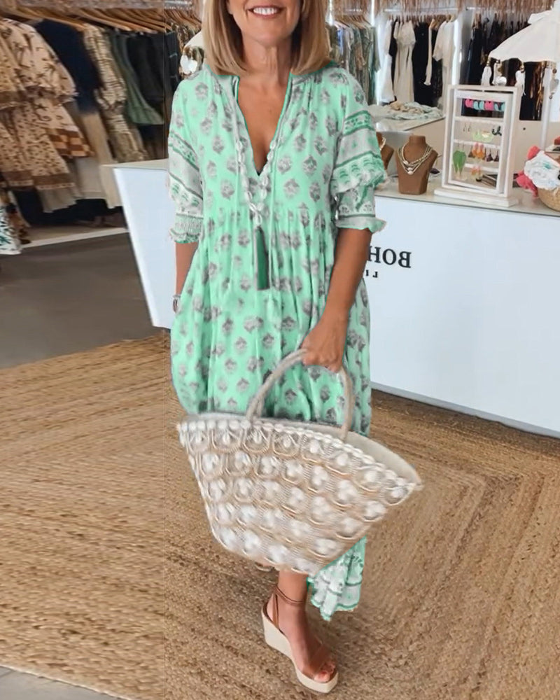 Geometric Print Tassel Tie Tiered Boho Maxi Dress