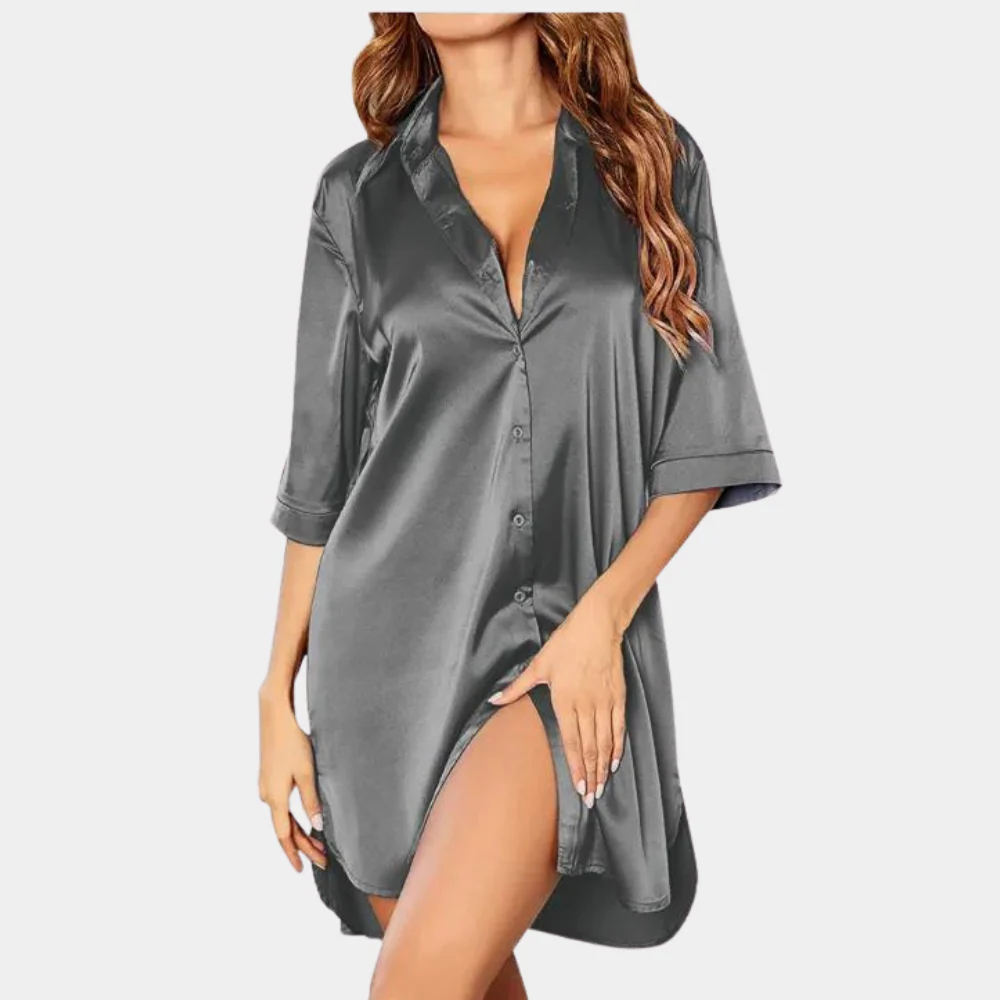 Satin Button Down Oversized Half Sleeve Sleep Shirt Mini Dress
