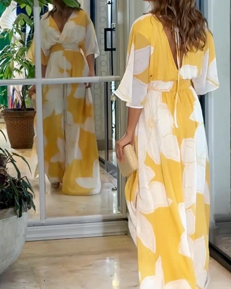Oversized Floral Twist Front Flutter Sleeve Flowy Maxi Dress