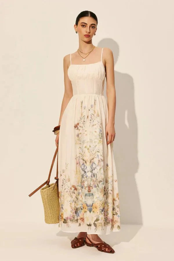 August Garden Corset Dress – Women’s Floral Maxi Dress Spaghetti Strap Summer Flowy A-Line Sundress