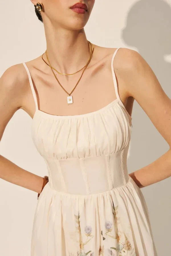 August Garden Corset Dress – Women’s Floral Maxi Dress Spaghetti Strap Summer Flowy A-Line Sundress