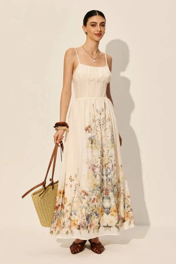 August Garden Corset Dress – Women’s Floral Maxi Dress Spaghetti Strap Summer Flowy A-Line Sundress