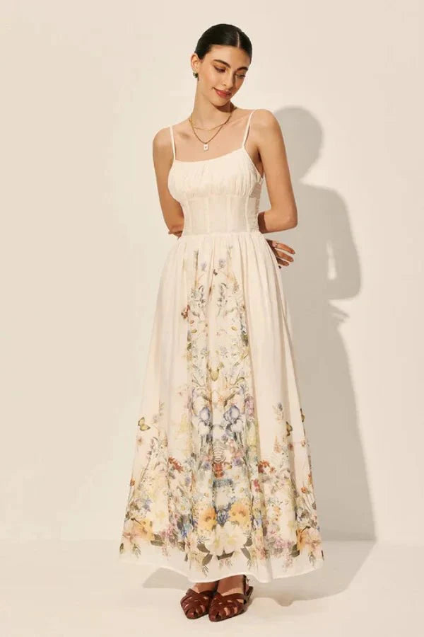 August Garden Corset Dress – Women’s Floral Maxi Dress Spaghetti Strap Summer Flowy A-Line Sundress