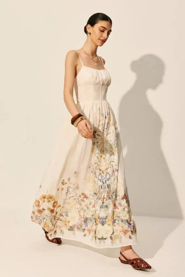 August Garden Corset Dress – Women’s Floral Maxi Dress Spaghetti Strap Summer Flowy A-Line Sundress