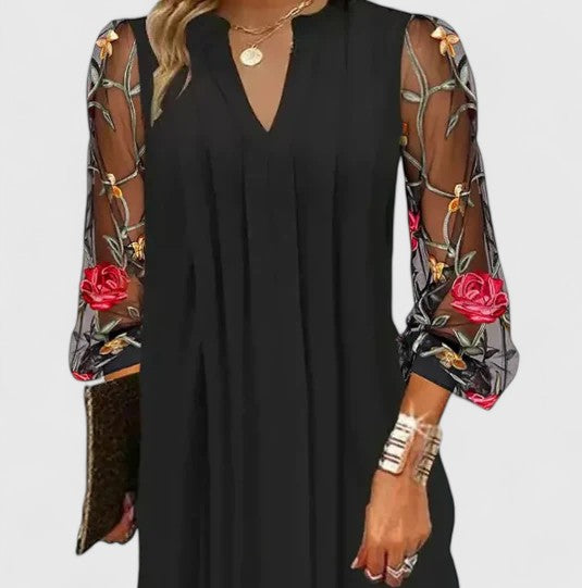 Floral Embroidered Mesh Sleeve V Neck Pleated Mini Dress