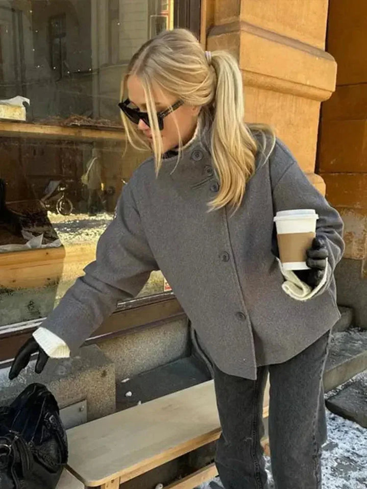 Jenna - Women's short coat with buttons and stand-up collar