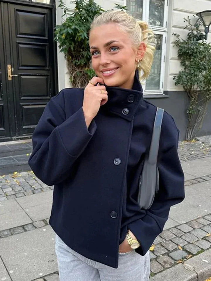 Jenna - Women's short coat with buttons and stand-up collar