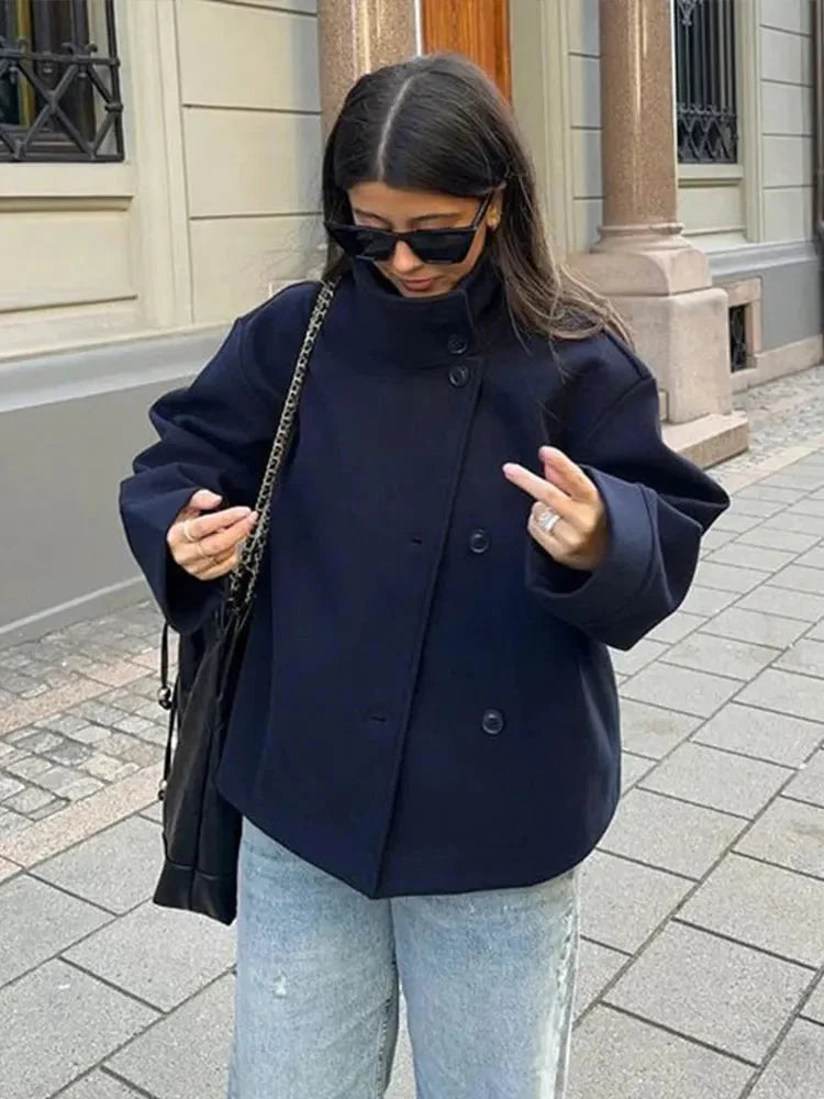 Jenna - Women's short coat with buttons and stand-up collar