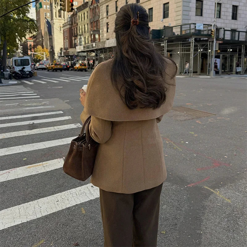 Zahra - Camel women's coat with cape and fitted waist