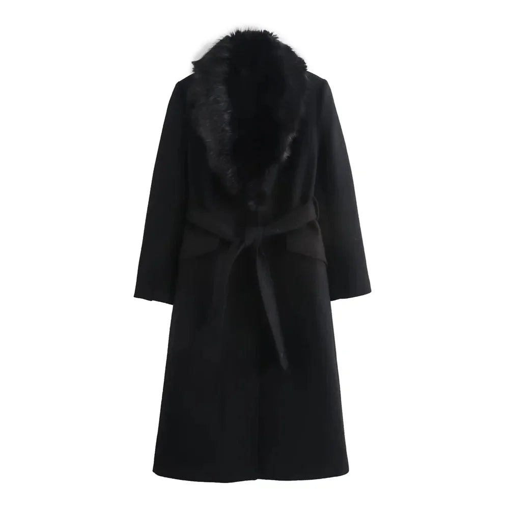 Yara - Women's coat with faux fur collar and belt