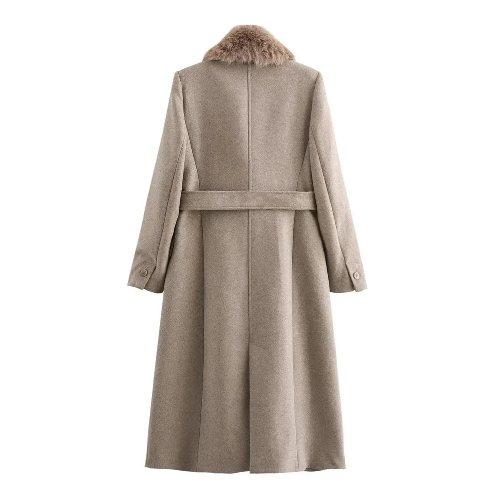 Yara - Women's coat with faux fur collar and belt