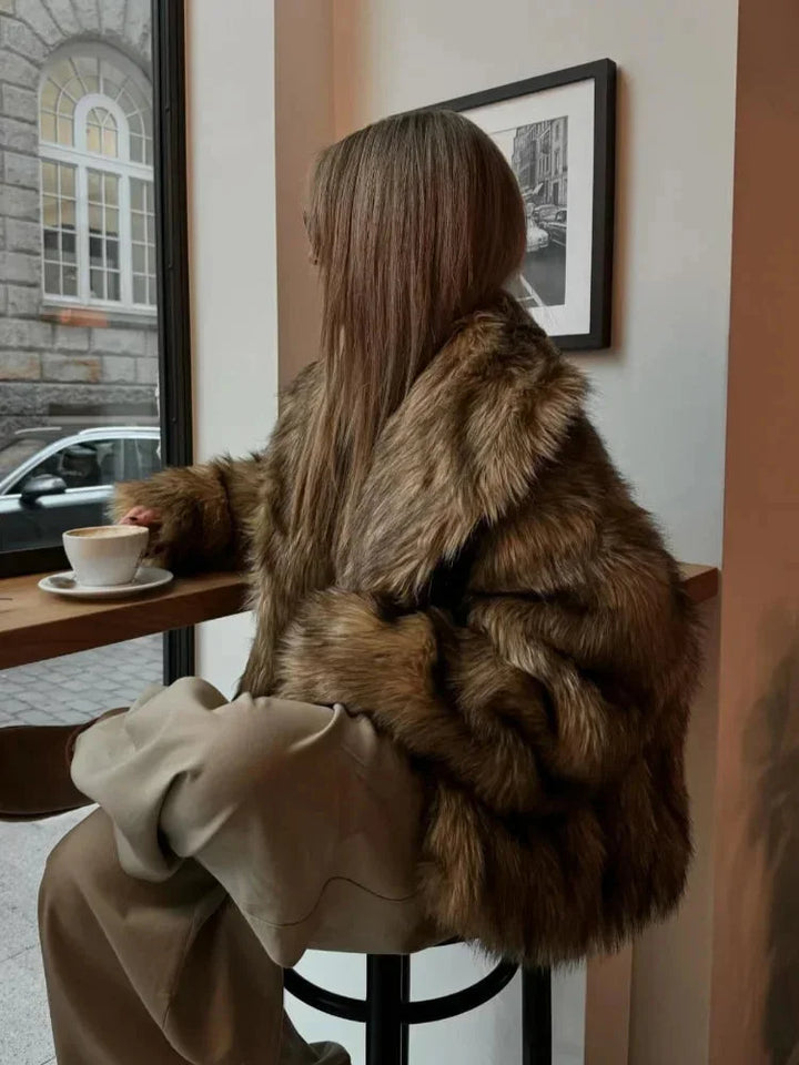 Gloria - Women's brown faux fur coat with long sleeves