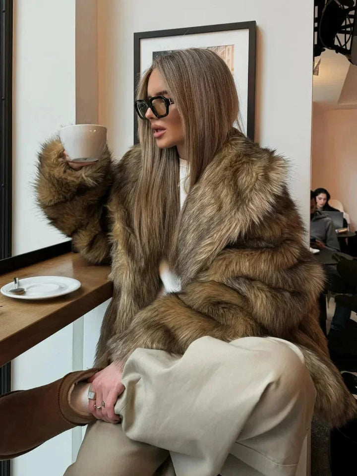 Gloria - Women's brown faux fur coat with long sleeves