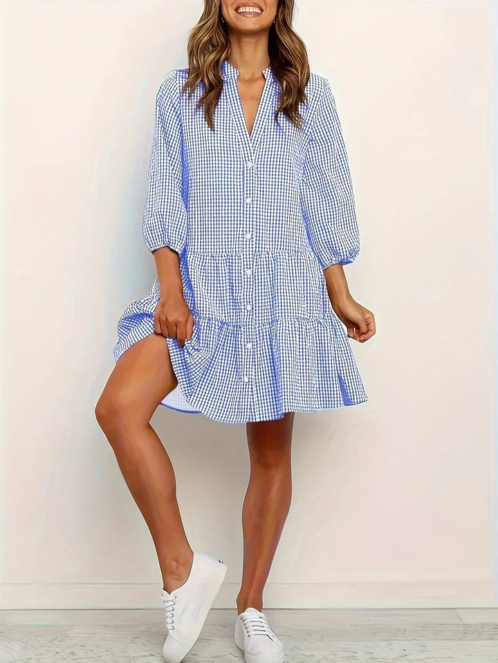 Stella - Women's short gingham dress with 3/4 sleeves and buttoned collar